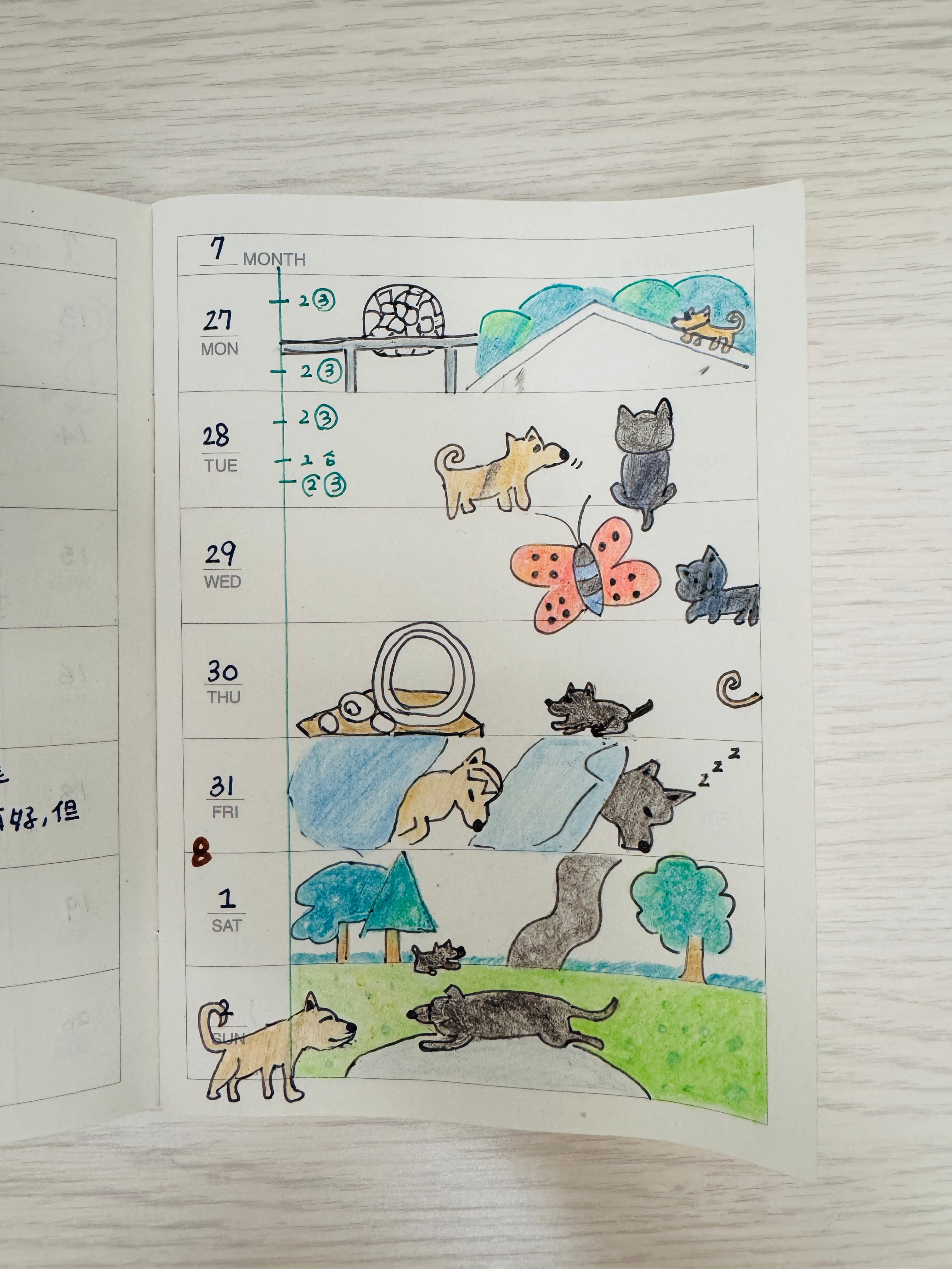 狗狗日記手帳頁面，畫有一週內記錄的狗狗片段